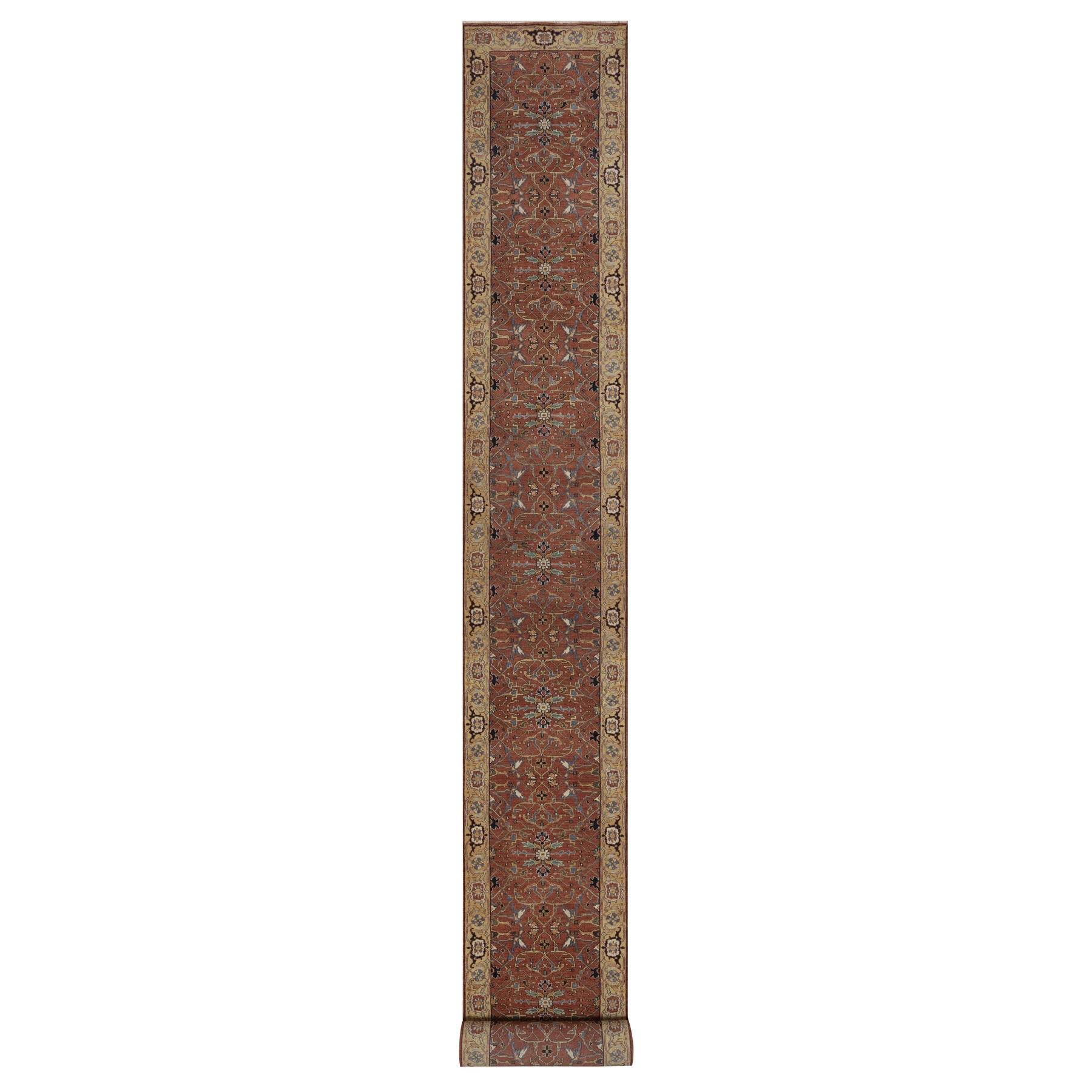 2'7"x23'9" Auburn Red, Antiqued Fine Heriz Re-Creation, All Over Design, Hand Knotted, Hand Spun New Zealand Wool, Soft Pile, Vegetable Dyes, XL Runner, Oriental Rug 